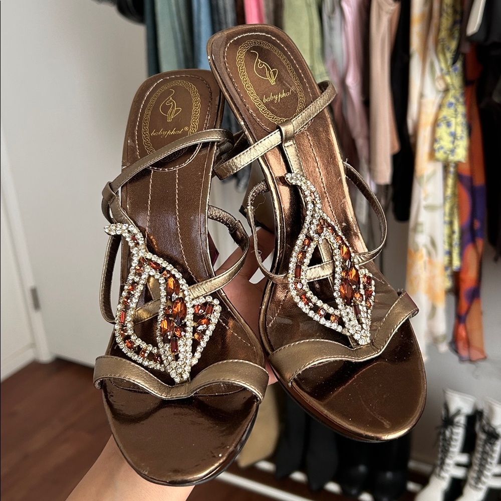 VINTAGE Baby Phat Bronze Jeweled Strappy wedges